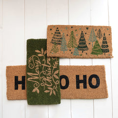 Natural Coir Doormat w/ Christmas Trees & Stars, Green & Black