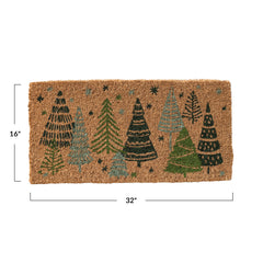 Natural Coir Doormat w/ Christmas Trees & Stars, Green & Black