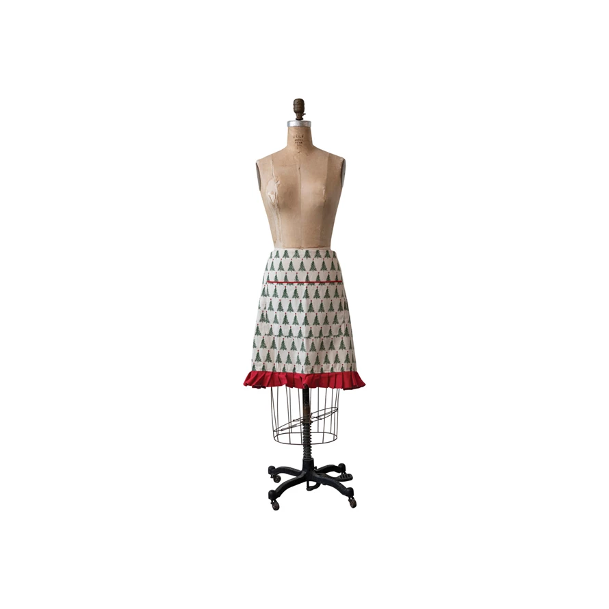 Cotton Printed Half Apron w/ Christmas Tree Pattern, Pocket &amp; Ruffle