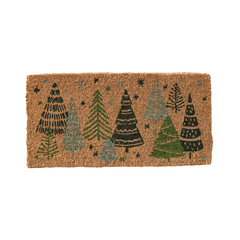 Natural Coir Doormat w/ Christmas Trees & Stars, Green & Black