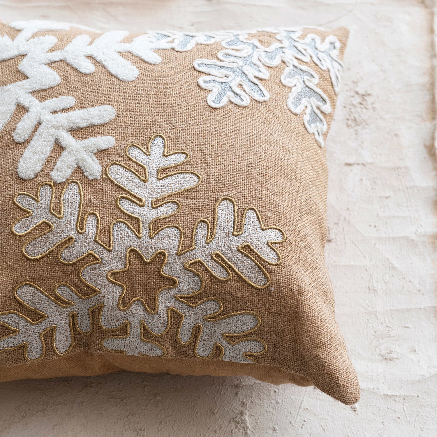 Jute Pillow w/ Appliqued Snowflakes &amp; Cotton Back