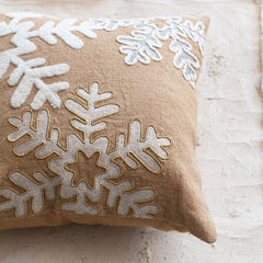 Jute Pillow w/ Appliqued Snowflakes & Cotton Back