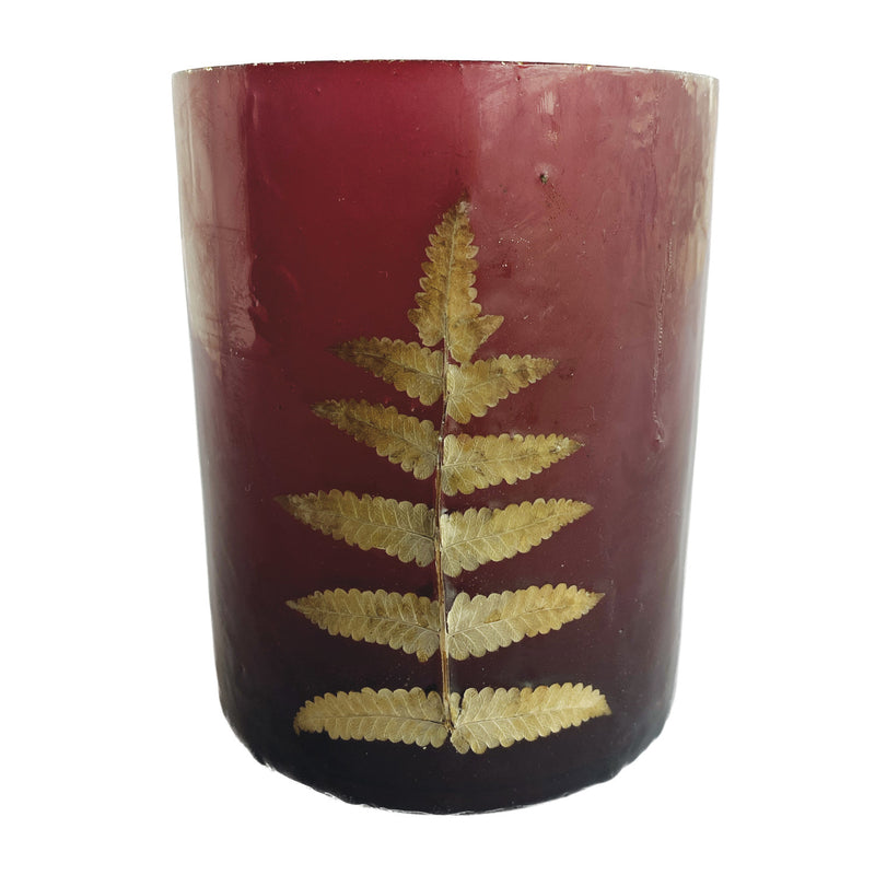 Glass Votive Holder with Embedded Eucalyptus Leaves