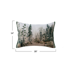 Cotton Printed Lumbar Pillow w/ Trees & Embroidery