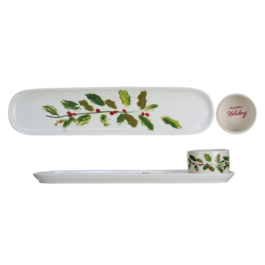Stoneware Platter &amp; Dish w/ Holly Leaves &amp; Berries "Happy Holidays" Set