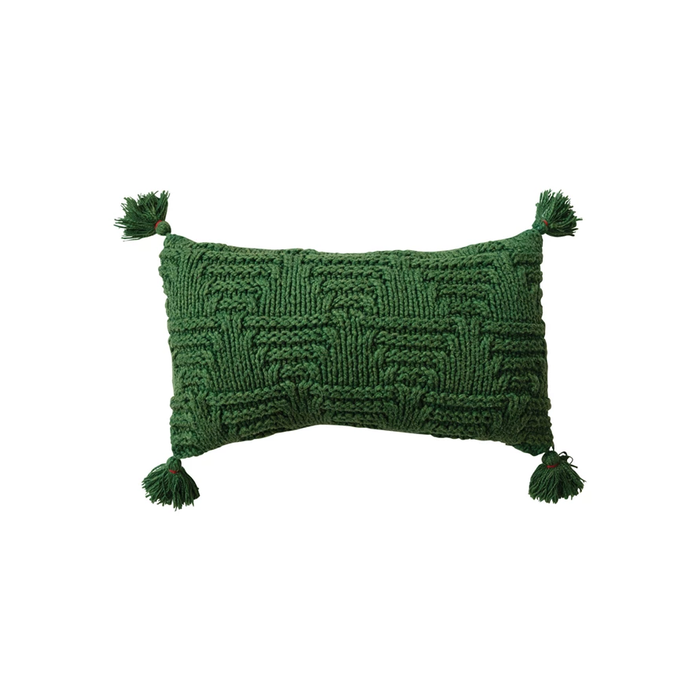 Woven Cotton Knit Lumbar Pillow w/ Tassels, Sandwashed Finish