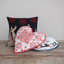 Woven Cotton Slub Printed Pillow w/ Embroidery &amp; Chambray Back