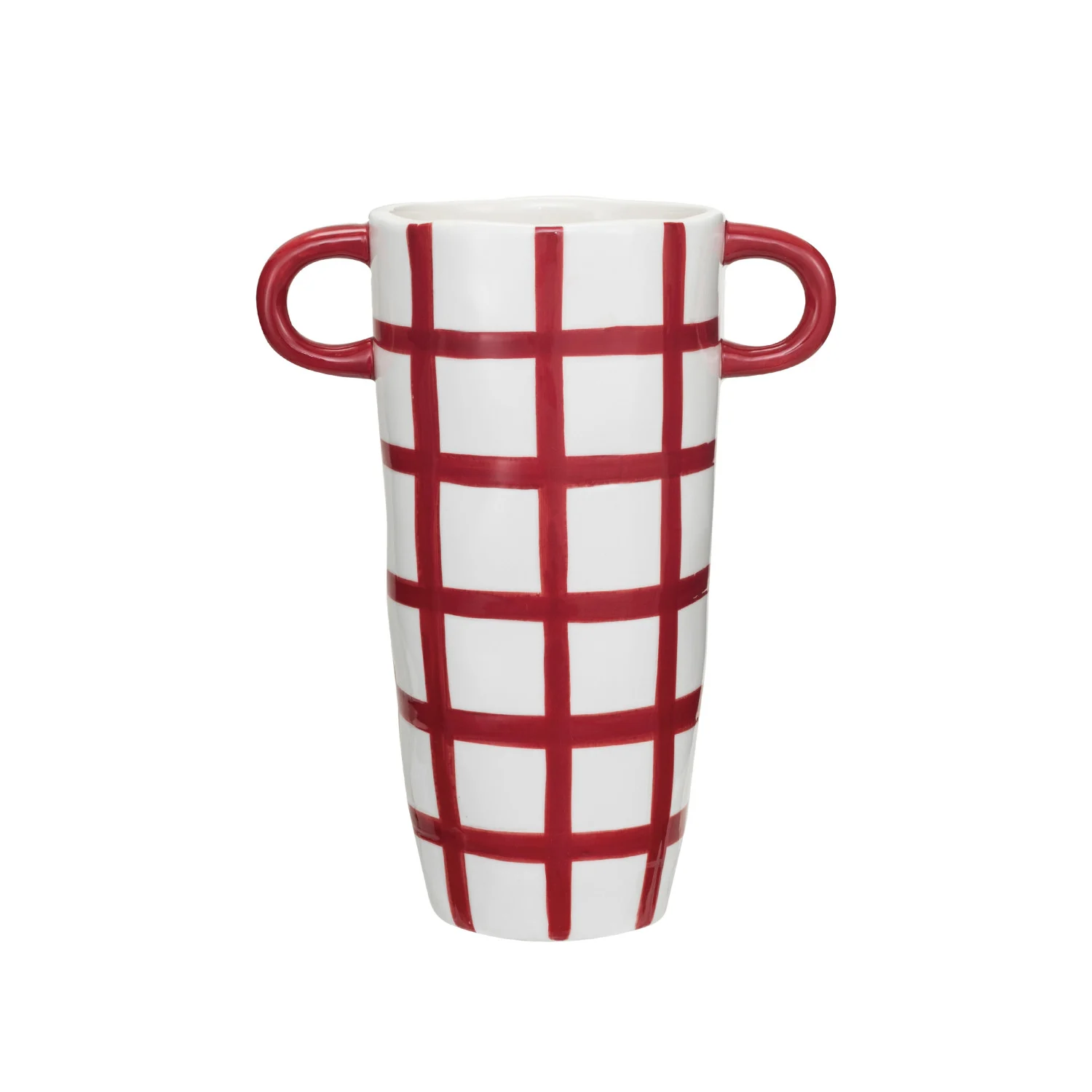 Hand-Painted Stoneware Container w/ Grid Pattern &amp; Handles