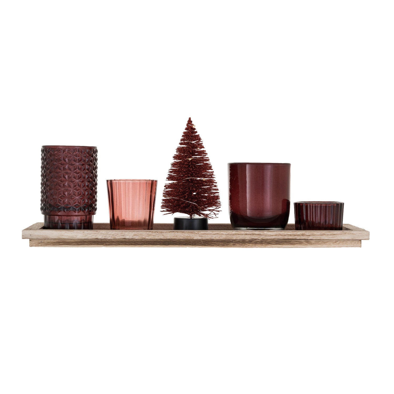 Wood Tray w/ Glass Tealight Holders&amp; LED Bottle Brush Tree