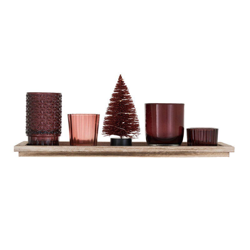 Wood Tray w/ Glass Tealight Holders& LED Bottle Brush Tree