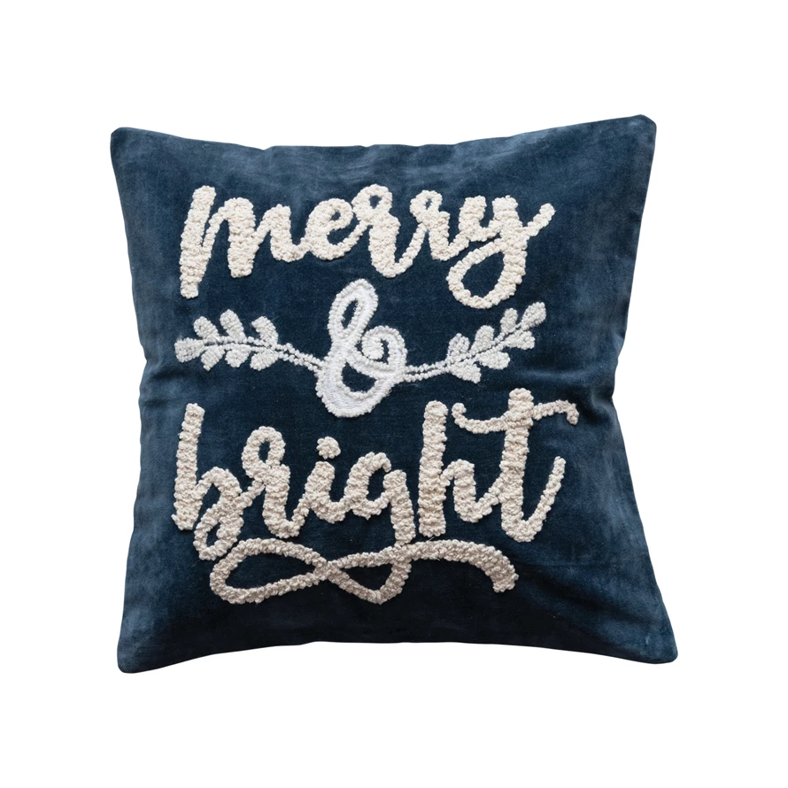 Velvet Pillow w/ Embroidered "Merry &amp; Bright", Navy Color &amp; White