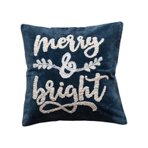 Velvet Pillow w/ Embroidered "Merry &amp; Bright", Navy Color &amp; White
