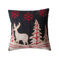 Woven Cotton Slub Printed Pillow w/ Embroidery &amp; Chambray Back