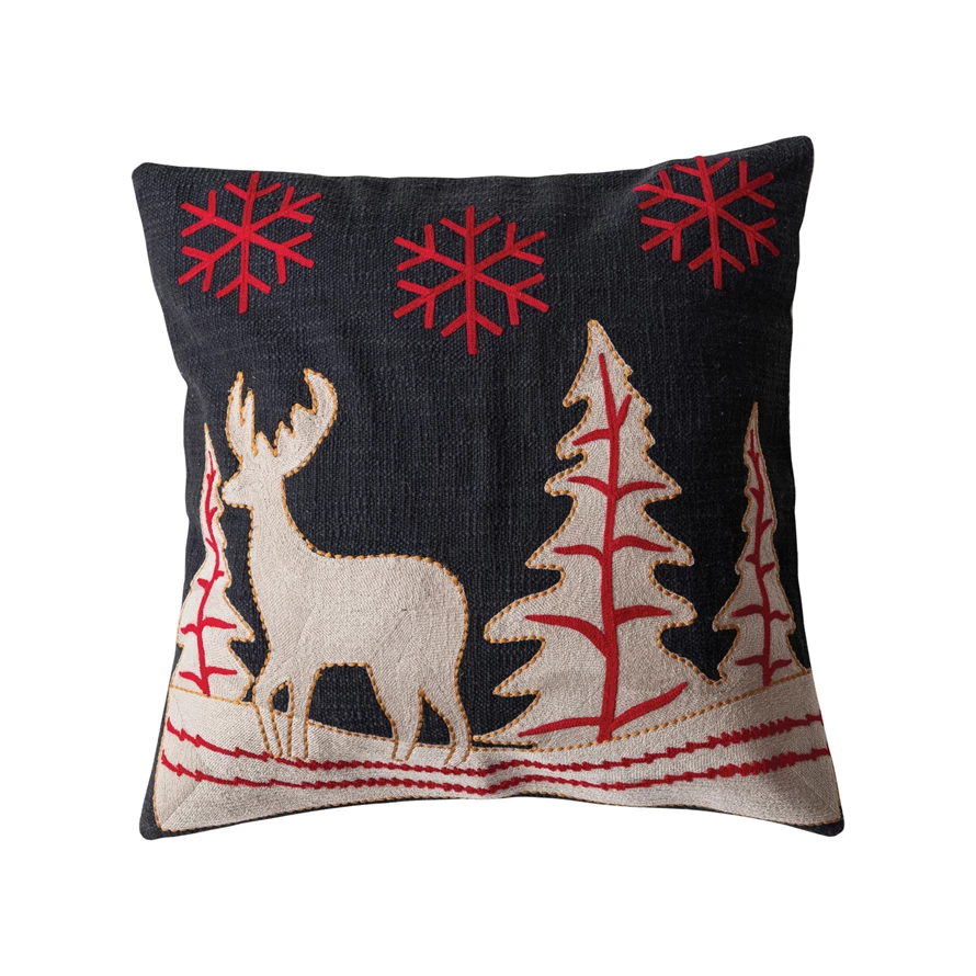 Woven Cotton Slub Printed Pillow w/ Embroidery &amp; Chambray Back