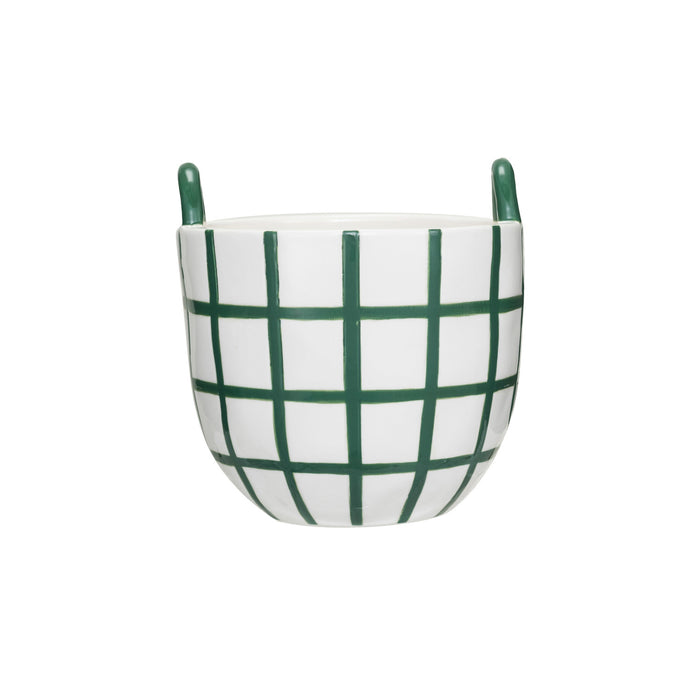 Hand-Painted Stoneware Container w/ Grid Pattern & Handles