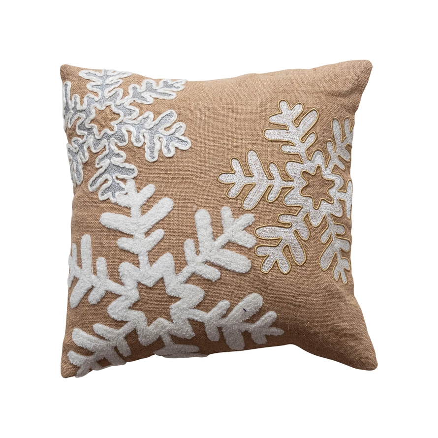 Jute Pillow w/ Appliqued Snowflakes &amp; Cotton Back