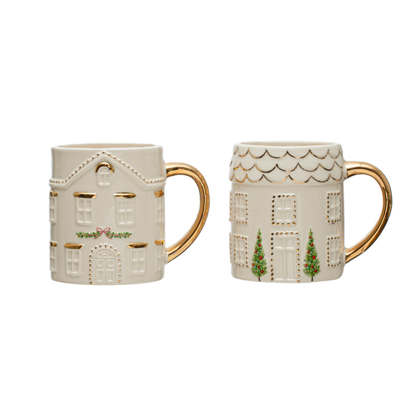 Hand-Painted Stoneware House Mug with Gold Electroplating