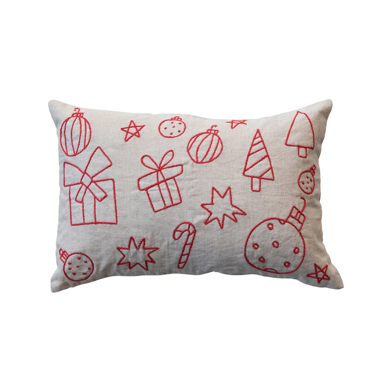 Lumbar Pillow w/ Embroidered Holiday Icons