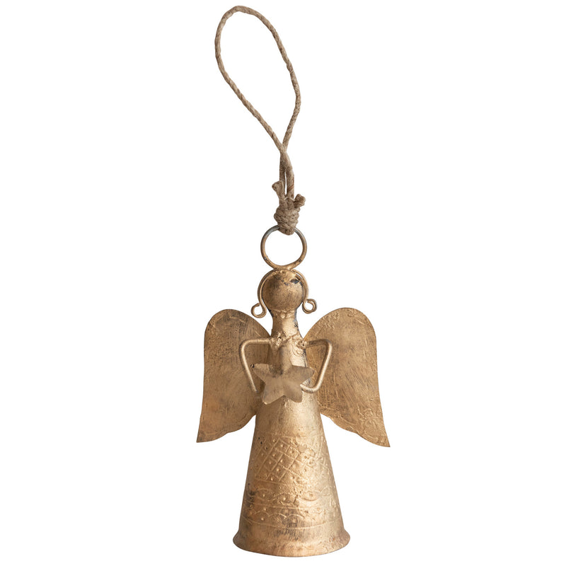 Metal Angel Bell Ornament, Antique Brass Finish