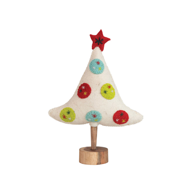 Handmade Wool Felt Tree with Star, Applique, Embroidery & Wood Base