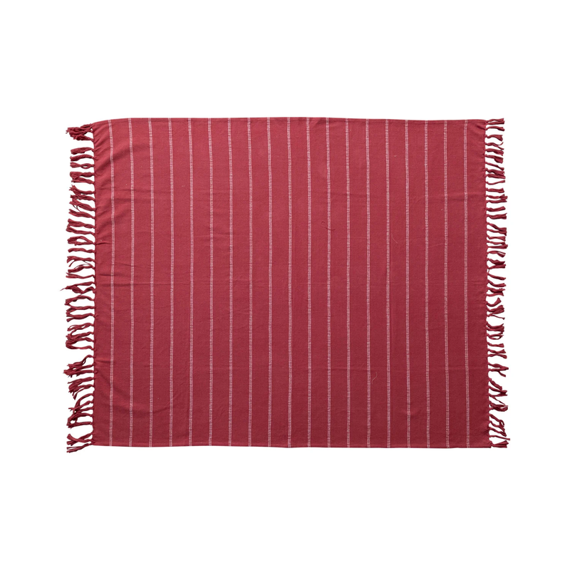 Brushed Cotton Flannel Throw w/ Stripes & Fringe, Red & White