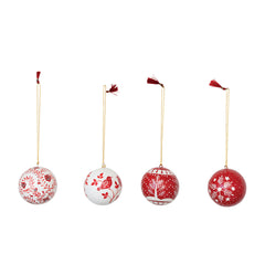 Round Hand-Painted Paper Mache Ball Ornament with Pattern, Red and White, 4 Styles