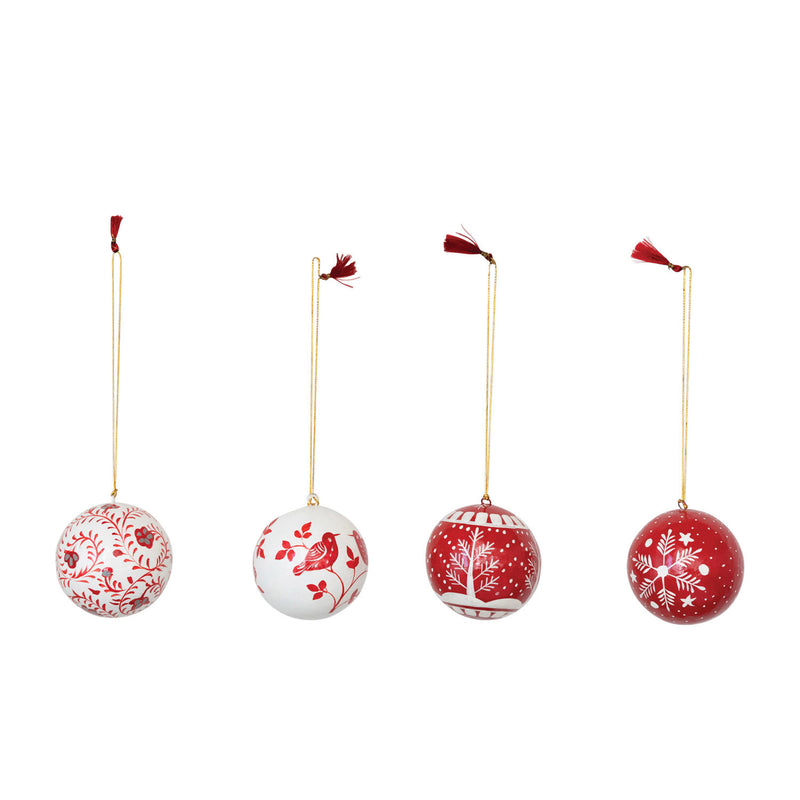 Round Hand-Painted Paper Mache Ball Ornament with Pattern, Red and White, 4 Styles