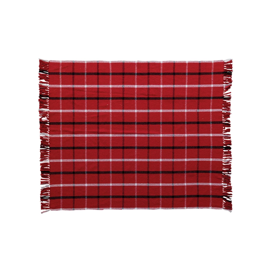 Brushed Cotton Blend Flannel Throw w/ Grid Pattern &amp; Fringe, Red, White &amp; Black