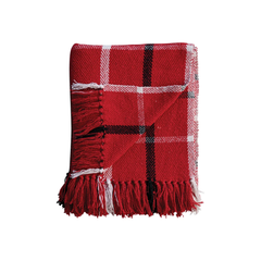 Brushed Cotton Blend Flannel Throw w/ Grid Pattern & Fringe, Red, White & Black