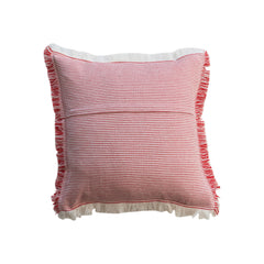 Square Woven Cotton Pillow w/ Stripes & Fringe, Red & White