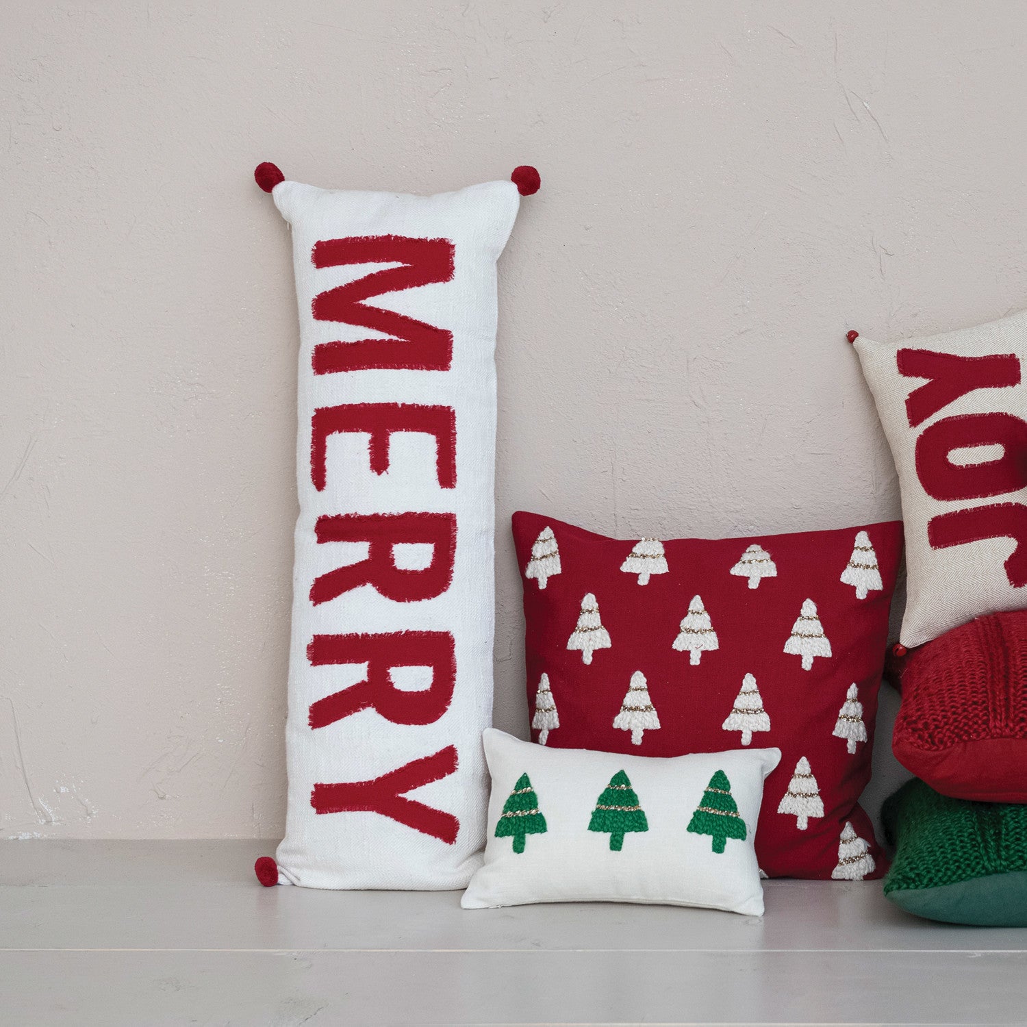 Square Cotton Slub Pillow w/ Embroidered Christmas Trees &amp; Beads
