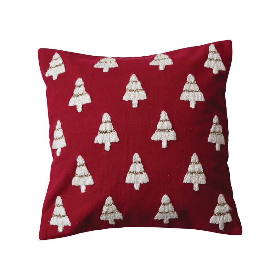 Square Cotton Slub Pillow w/ Embroidered Christmas Trees &amp; Beads