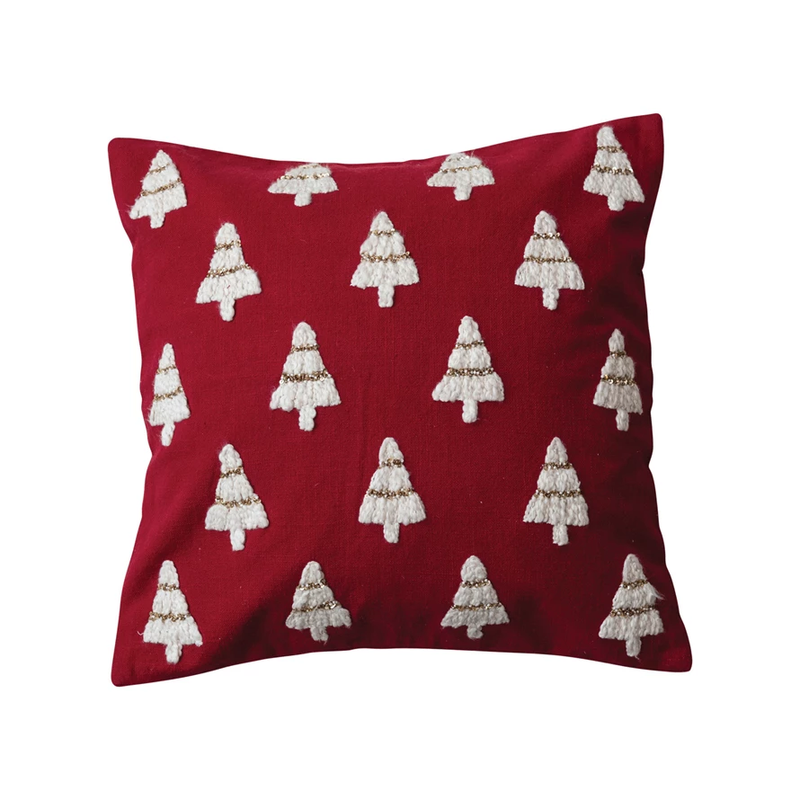 Square Cotton Slub Pillow w/ Embroidered Christmas Trees & Beads