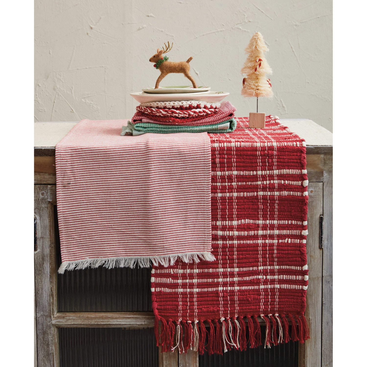 Woven Cotton Table Runner w/ Stripes &amp; Fringe, Red &amp; White