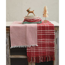 Woven Cotton Table Runner w/ Stripes &amp; Fringe, Red &amp; White