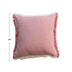 Square Woven Cotton Pillow w/ Stripes & Fringe, Red & White