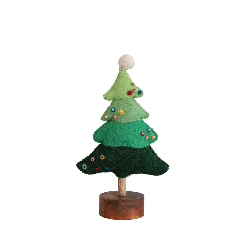 Handmade Wool Felt Tree with Beads, Pom Pom & Wood Base