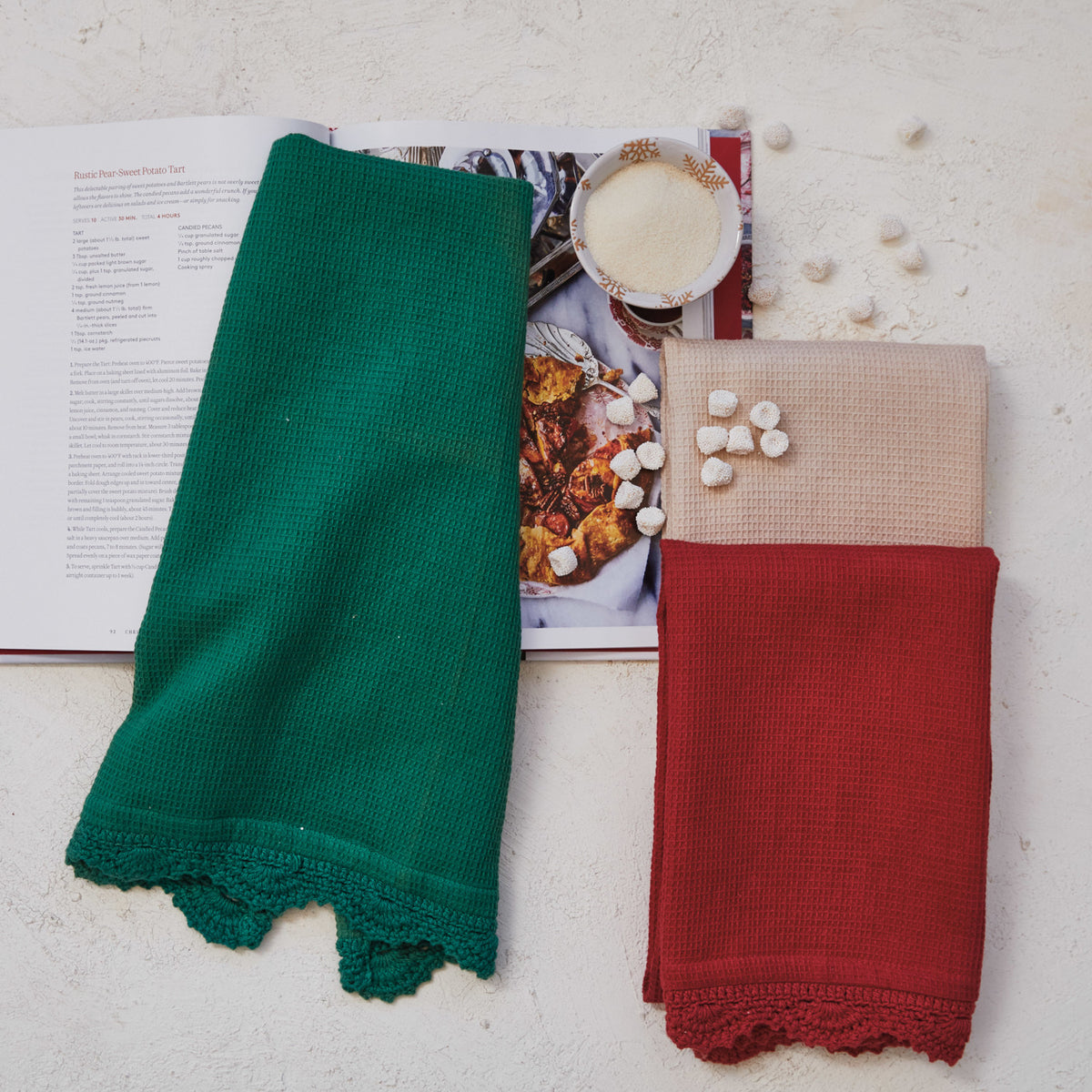 Hand-Woven Cotton Waffle Tea Towels w/ Crocheted Trim