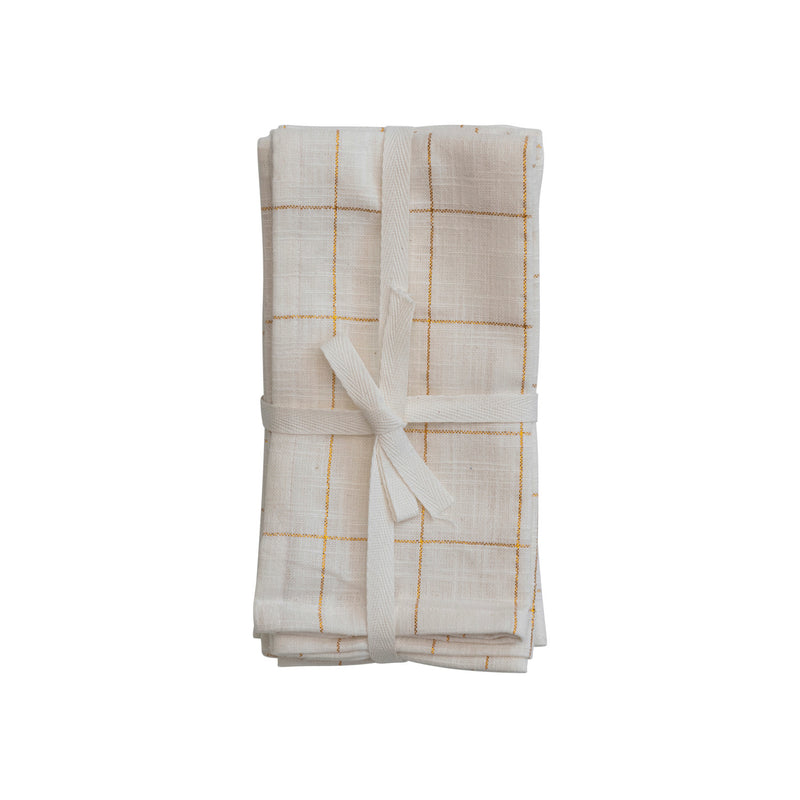 Square cotton napkins w/Grid Pattern & Metallic Gold