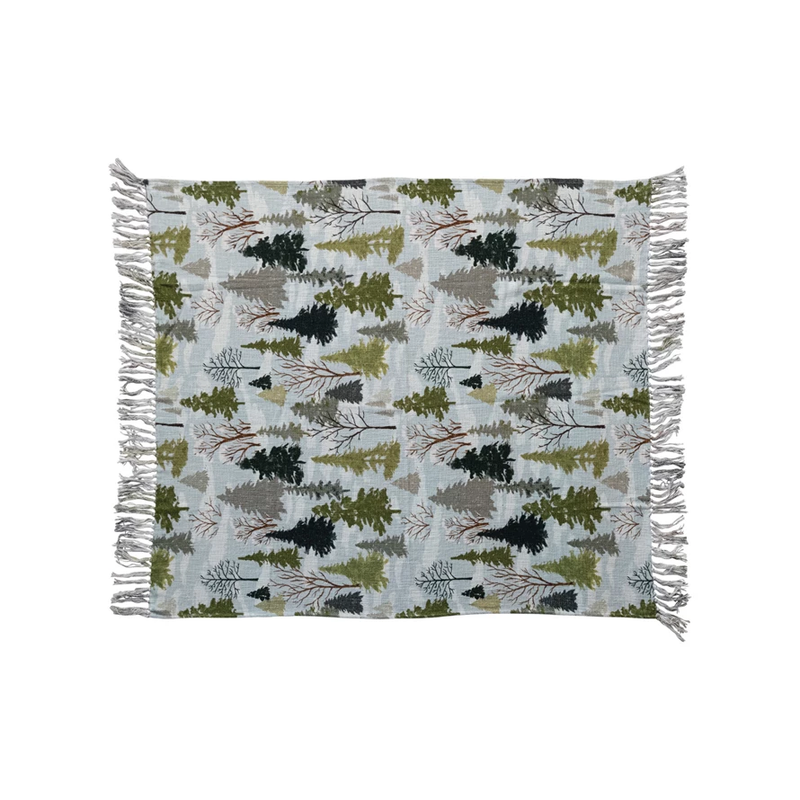 Cotton Slub Printed Throw w/ Trees Pattern & Fringe