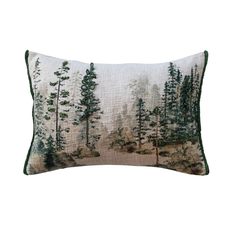 Cotton Printed Lumbar Pillow w/ Trees & Embroidery