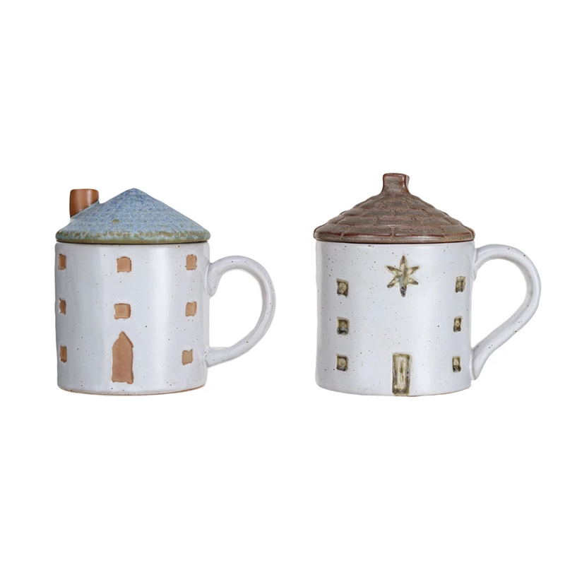 Stoneware House Shaped Mug w/ Lid, 2 Styles