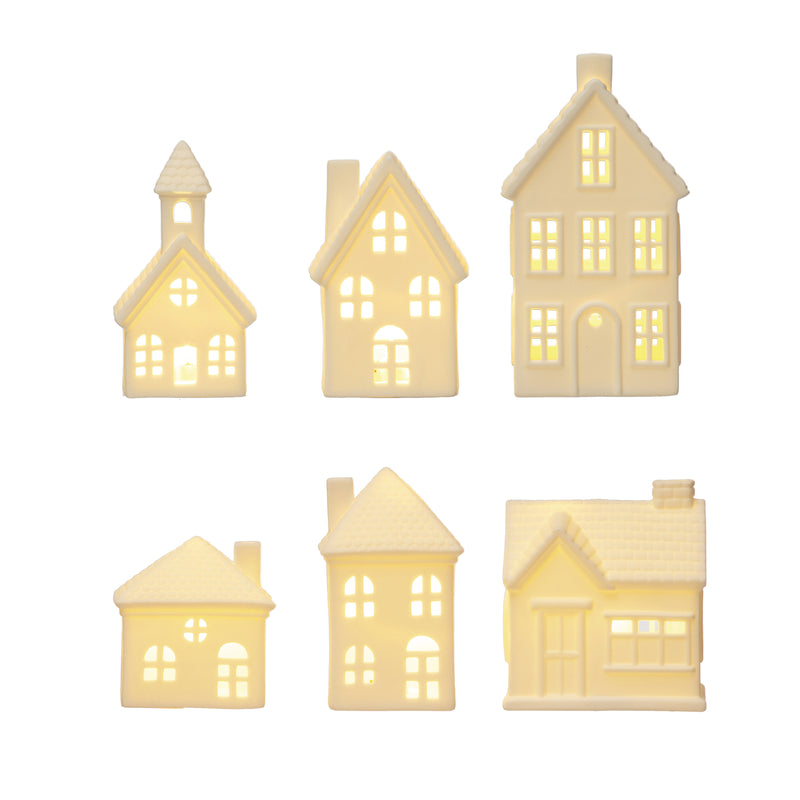 Stoneware Bisque Houses with LED Lights, Set of 6