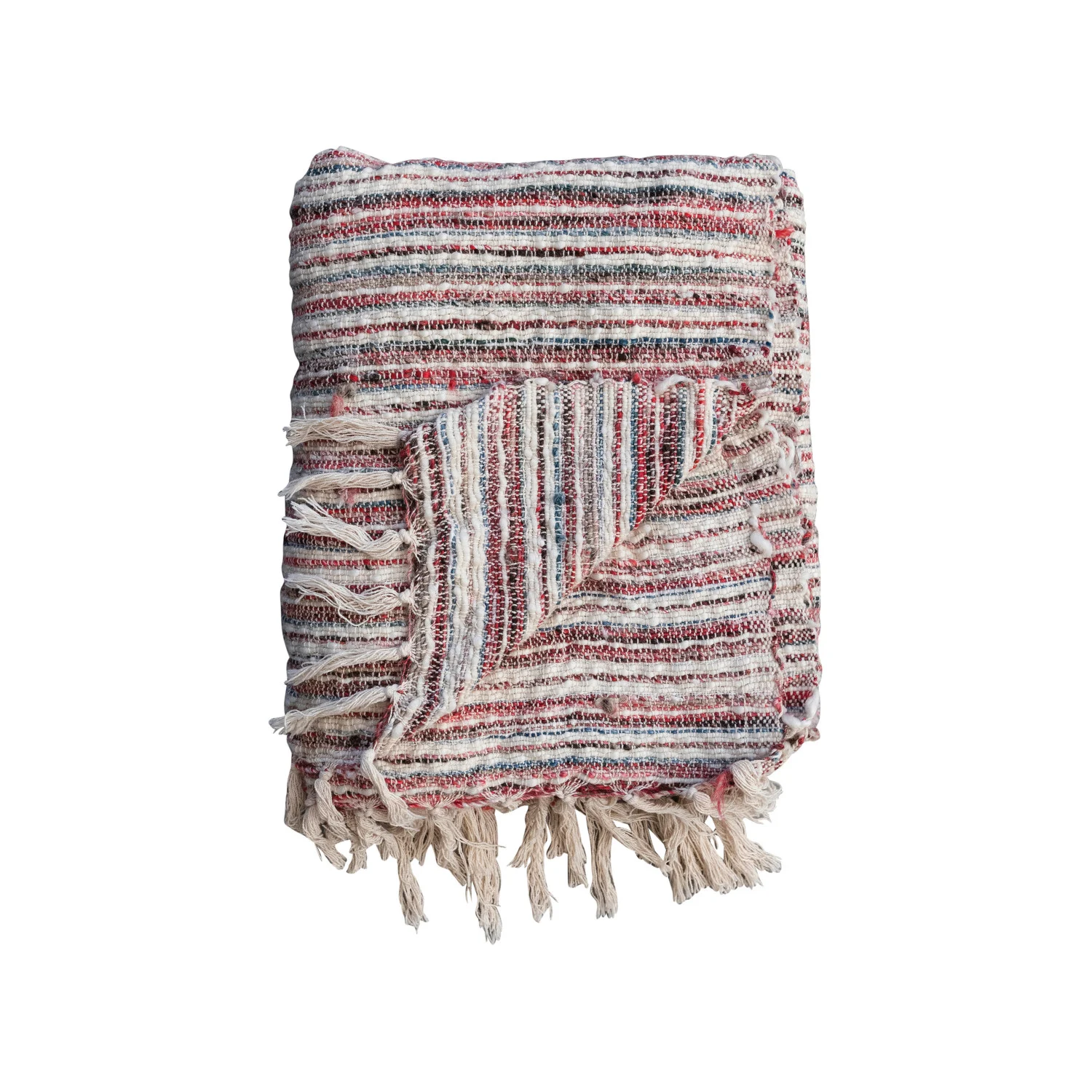 Woven Cotton &amp; Wool Throw w/ Stripes &amp; Fringe, Multi Color