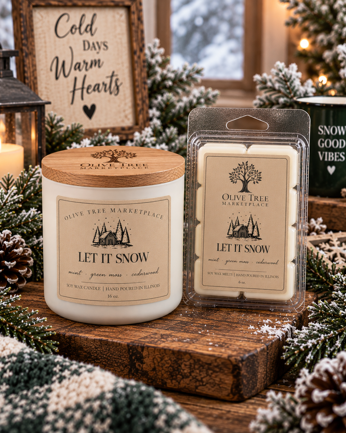 Let It Snow 16 oz candle and 6 oz wax melt in Simply Elegant packaging