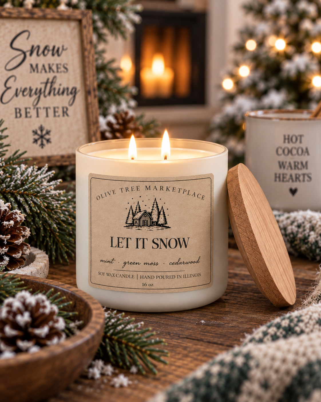 Let It Snow 16 oz Simply Elegant soy candle with oak lid