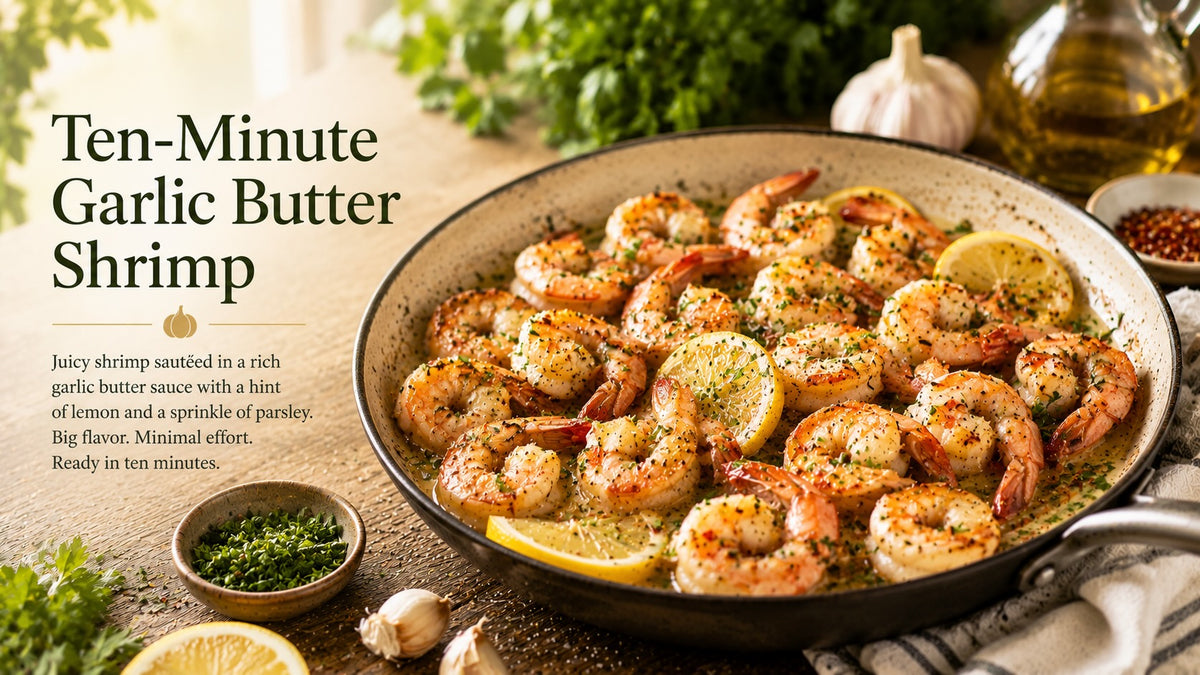 Olive Tree Marketplace recipe — Ten-minute garlic butter shrimp — a pan of shrimp in garlic butter with parsley and lemon