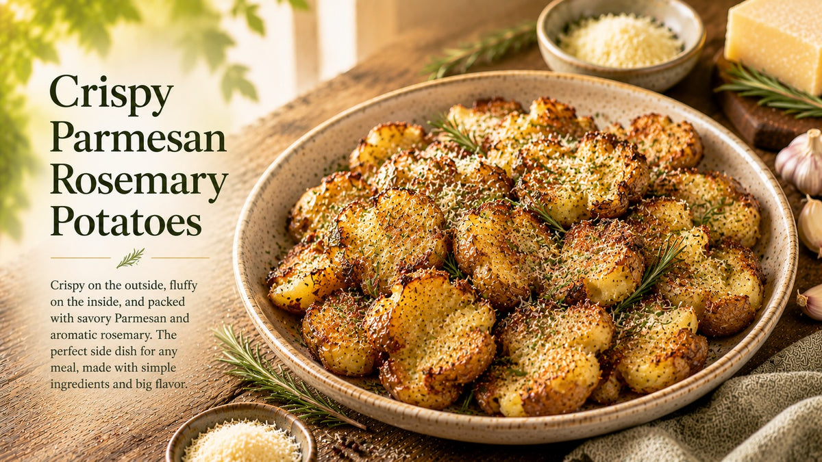 Olive Tree Marketplace recipe — Crispy parmesan rosemary potatoes — crisp golden potatoes with parmesan and rosemary in a serving dish