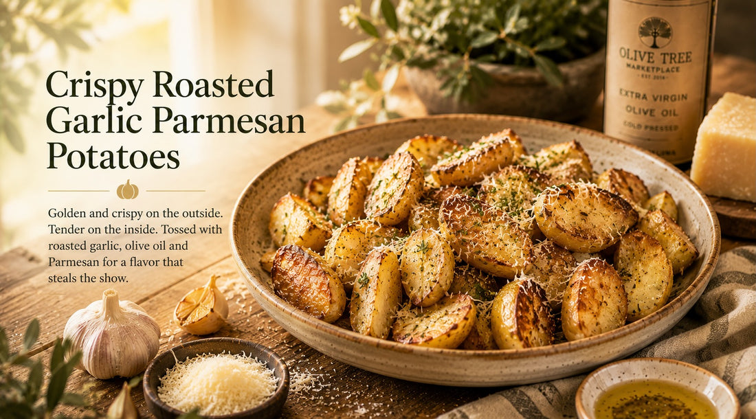 Olive Tree Marketplace recipe — Crispy roasted garlic parmesan potatoes — golden roasted potatoes tossed with garlic, parmesan and herbs