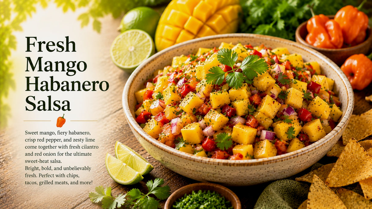 Olive Tree Marketplace recipe — Fresh mango habanero salsa — a bowl of diced mango, peppers, red onion and coriander with lime and tortilla chips
